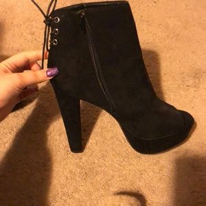 Black suede platform peep toes heels